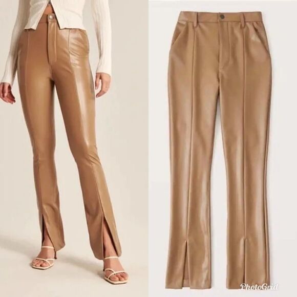 Abercrombie & Fitch Skinny Ultra High Rise Vegan Leather Split Hem Pants Tan - Picture 2 of 10